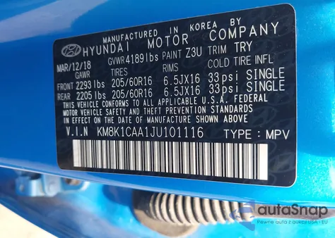 2018 Hyundai Kona Se z USA, uszkodzony, nr VIN KM8K1CAA1JU101116